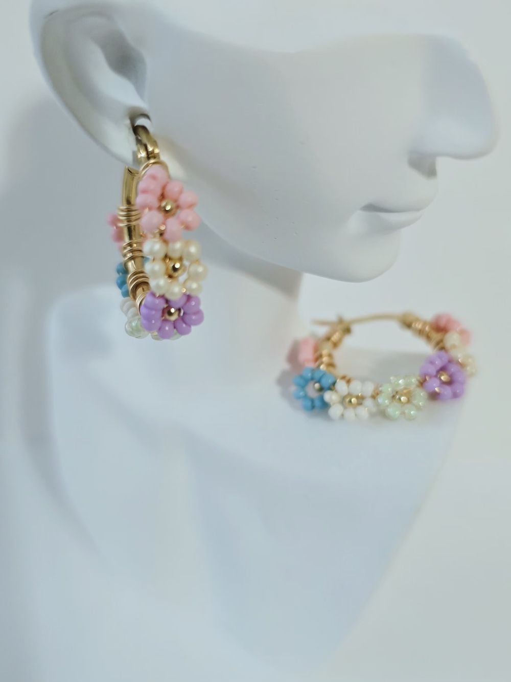 Gold-plated‎ Hoop Earrings with Pastel Flower Beads